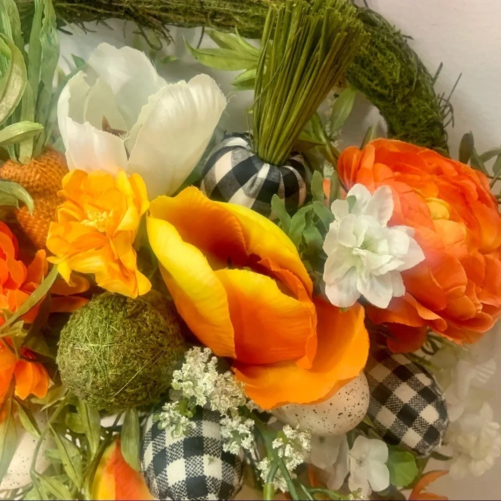 Easter Bunny Shaped Moss Floral Spring Orange Wreath Farmhouse Black White Plaid